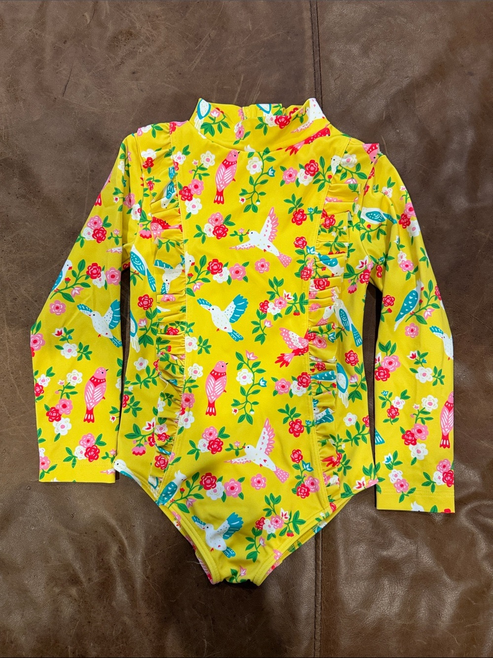 Mini Boden Yellow Floral & Bird Long-Sleeve Swim Suit